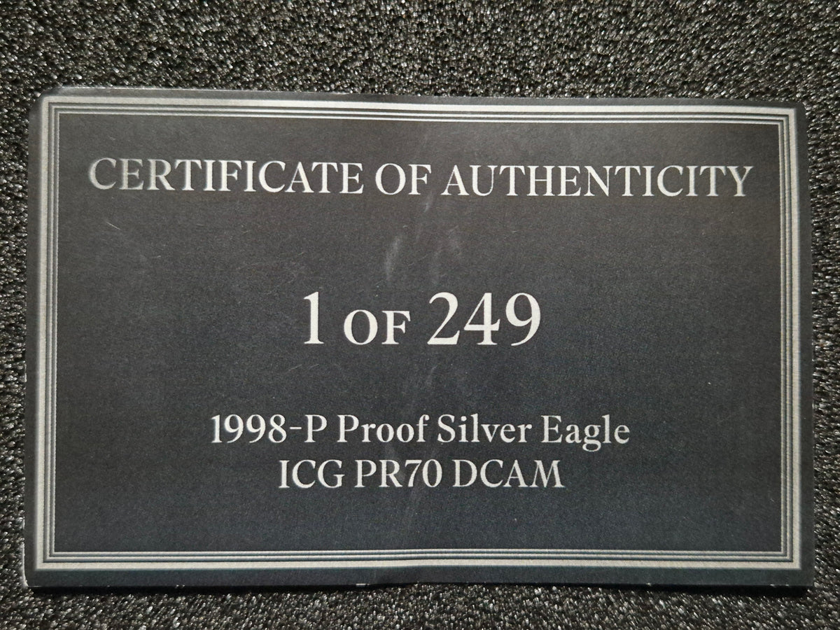 1998 P PR70 DCAM 1 oz Silver Eagle - BLACK LABEL 1 of only 249 Coins. Graded by Austin Hutto.
