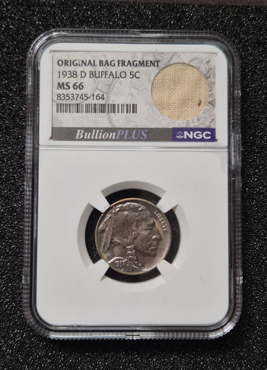 1938-D Buffalo Nickel, MS66 by NGC and presented with a BullionPLUS “Original Bag Fragment” label that includes a small piece of an original U.S. Mint bag.