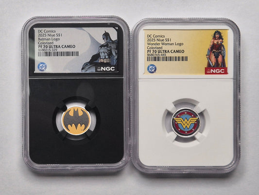 2025 DC Comics Batman 1/10oz Silver & Wonder Woman 1/10 oz Silver Logo Coins
NGC PF70 Ultra Cameo | Colorized | Silver Pair