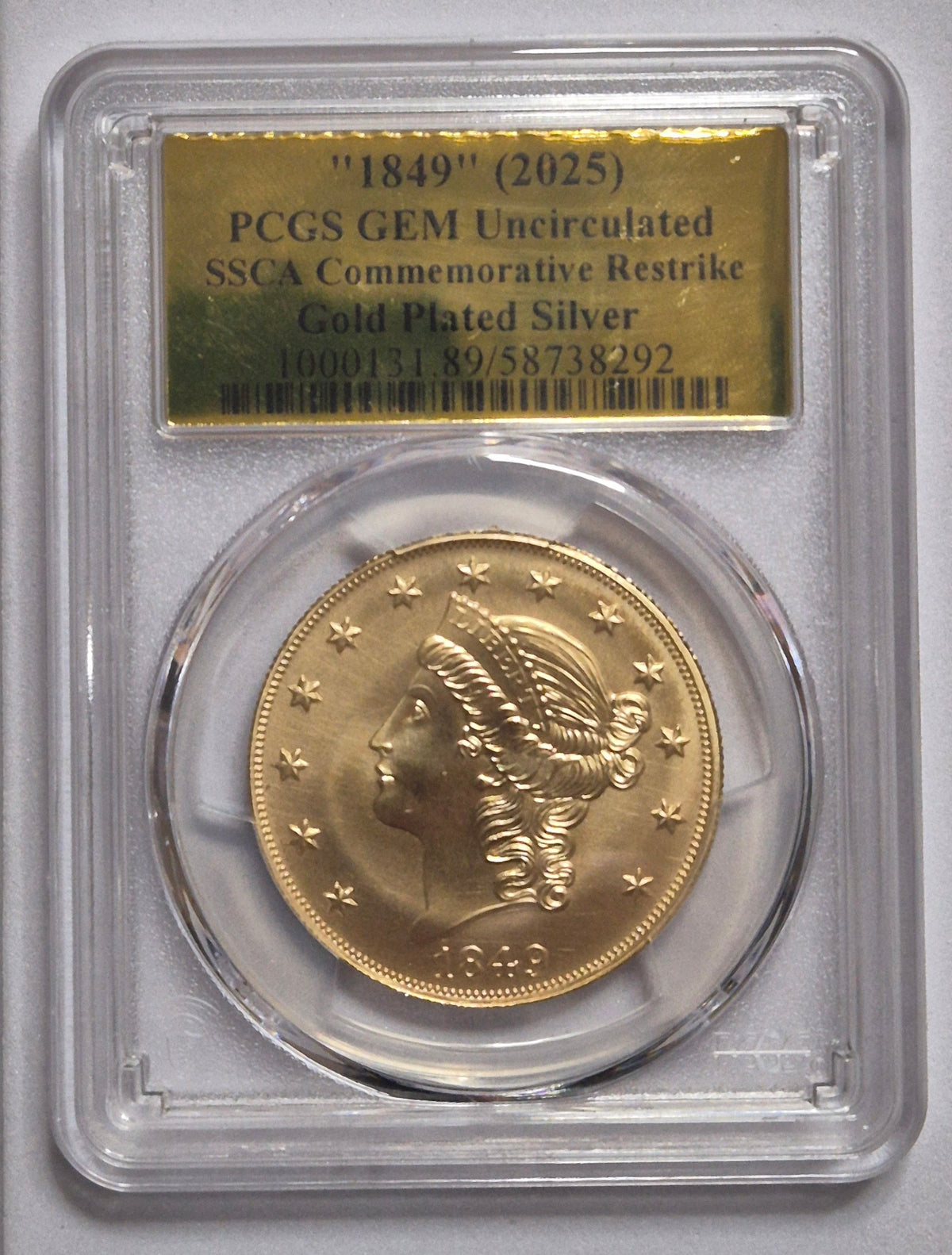 “1849” (2025) PCGS GEM Uncirculated SSCA Commemorative Restrike – Gold-Plated Silver