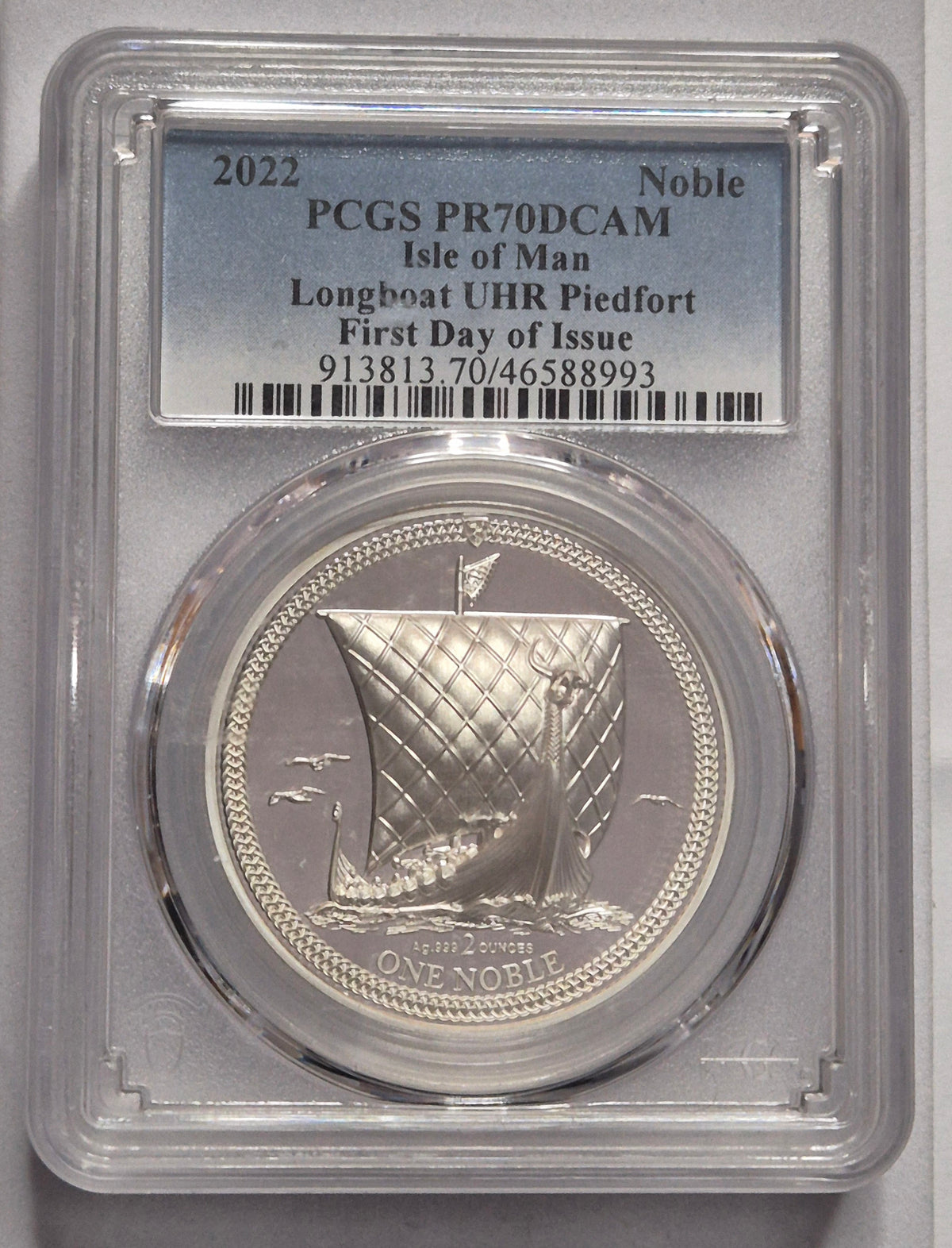 2022 Isle of Man Longboat Silver Noble – 2oz Piedfort Ultra High Relief – PCGS PR70 DCAM First Day of Issue