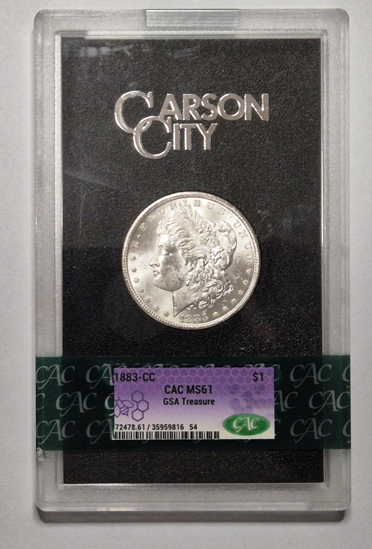 1883 Carson City 1oz Silver Morgan Dollar - Graded MS61 by CAC with Trader Bea GSA Treasure Label